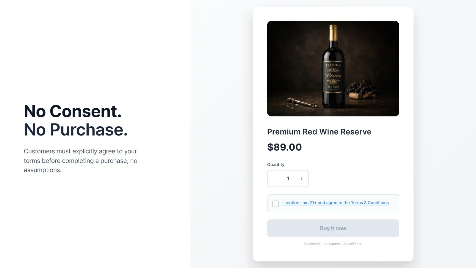 I Agree featured graphic showing a required terms and conditions checkbox before a product purchase