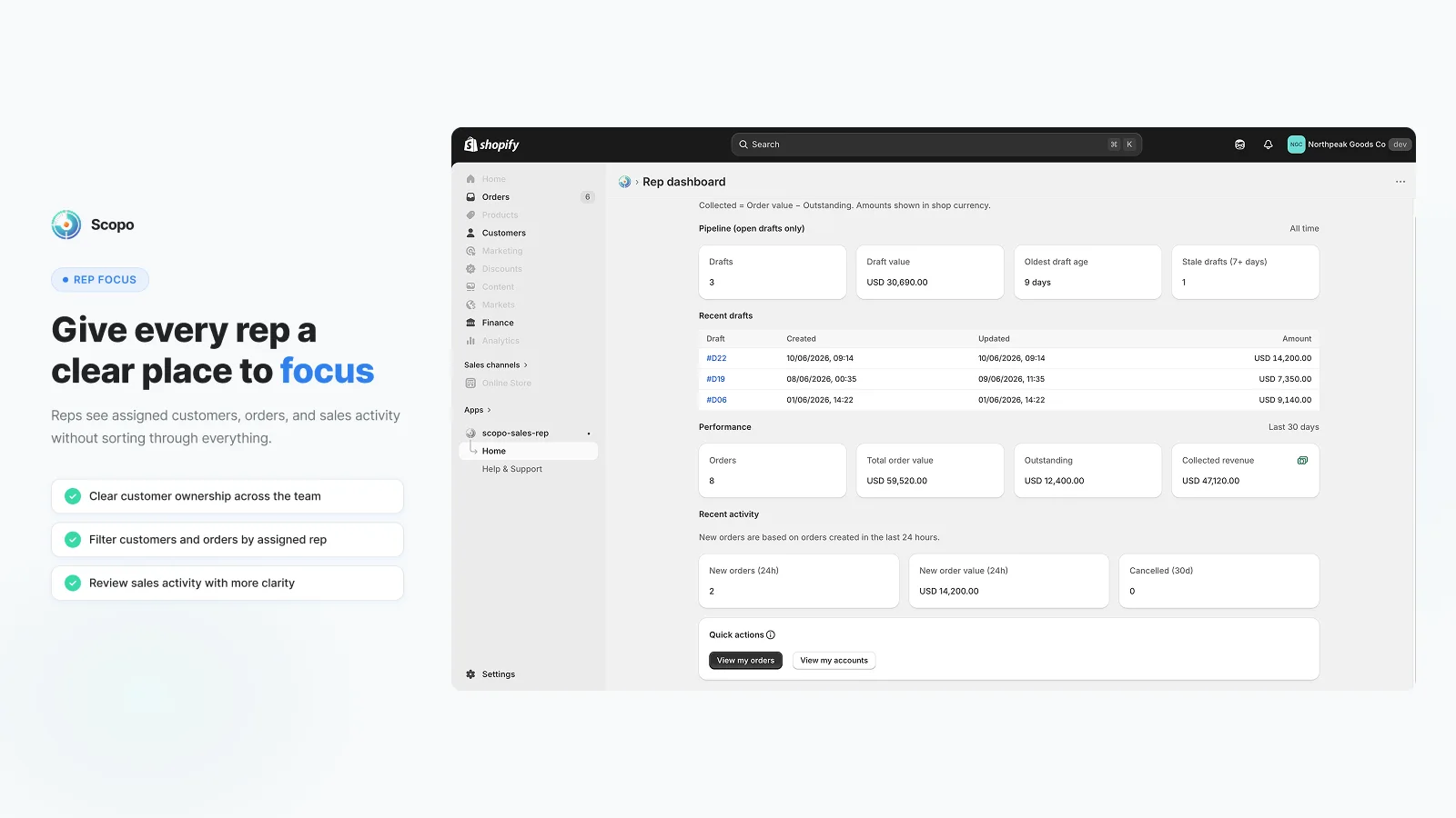 Scopo app block showing representative attribution on a Shopify order