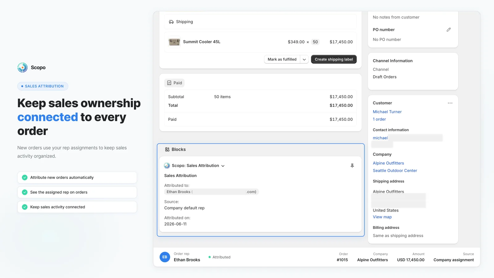 Scopo sales representative dashboard with assigned account and order information
