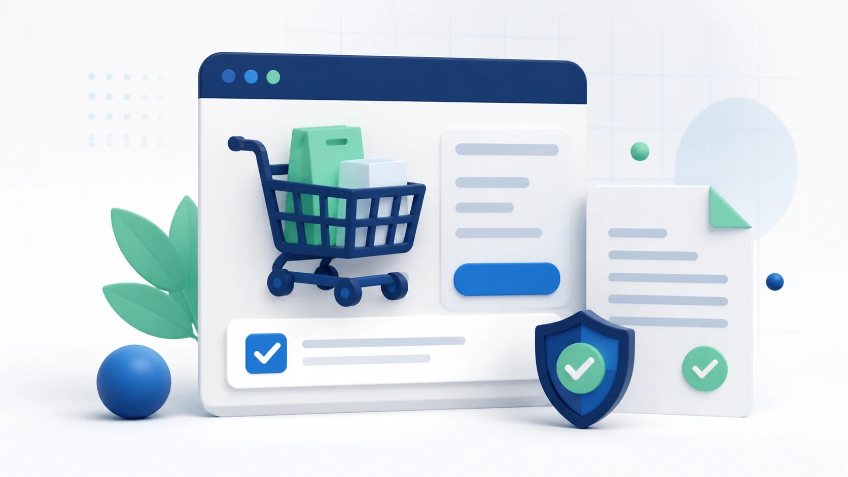 Illustration of an ecommerce cart, required checkbox, policy document, and protective shield